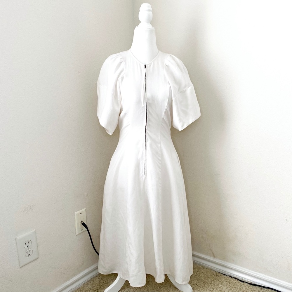 apiece apart - aquari balloon sleeve dress linen midi dress zip front white